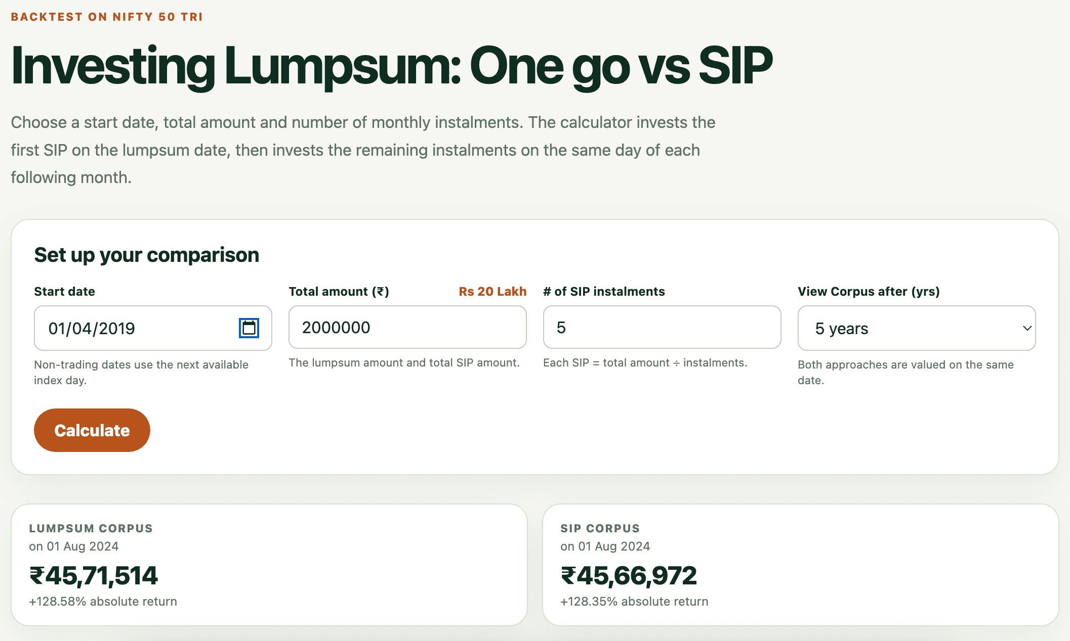Preview of Foliyo's NIFTY 50 TRI lumpsum versus SIP backtesting simulator